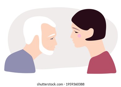 Elderly man with gray hair and wrinkles and his daughter. Flat vector illuctration. Caucasian Portraits in profile. Family, generation and people concept. Young girl and her old father.