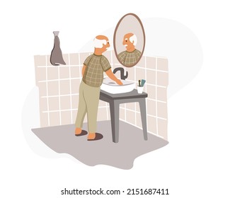 
Un anciano o un abuelo de pelo gris en pijama se paran frente a un espejo en el baño y hacen su rutina matutina, procedimientos de higiene. Ilustración del vector