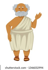 Elderly man Greek philosopher in robe and sandals isolated male character nationality or ethnicity Ancient Greece history scholar or antique scientist grey hair and beard teacher wisdom and antiquity