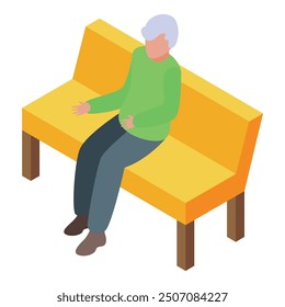 Elderly man with grey hair is sitting on a yellow bench, experiencing discomfort and holding his stomach