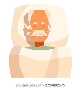 Anciano rechinando dientes debido al bruxismo, acostado en su cama