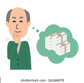 An elderly man grinning with a dubious expression, thinking about money, vector illustration