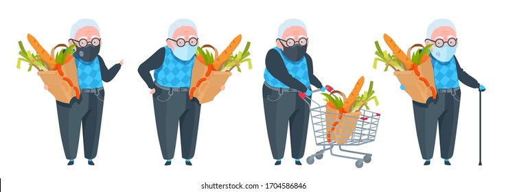 An elderly man is in a grocery store, wear a mask. Protective measures under the conditions of coronavirus pandemic. Vector flat cartoon character illustration set isolated on white background.