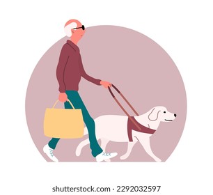 Elderly man and guide dog. City street. Glasses on the eyes. Pet friend and assistant. Flat vector illustration
