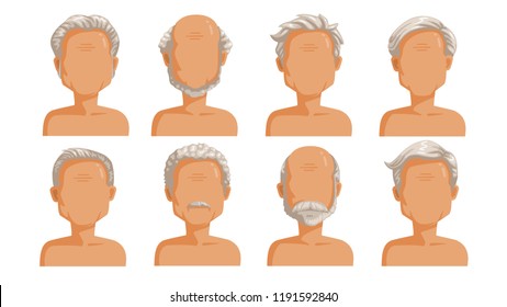 Elderly man hair. Grey hair set of men cartoon hairstyles. Beard and beard of the old man. Collection of fashionable stylish types.Vector icon illustration isolated on white background.