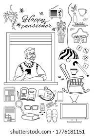 Elderly man. Happy man at In the apartment window and things for a cozy pensioner life. Home appliances and rocking chairs, slippers and medicines, books and crosswords. Stay at home keep calm. Vektor