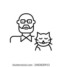 Anciano y gato feliz. Propietario de mascotas senior. Compañía animal. Icono de Vector perfecto