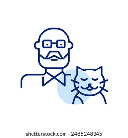 Elderly man and happy cat. Senior pet owner. Animal companionship. Pixel perfect, editable stroke icon