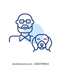 Elderly man and happy dog. Senior pet owner. Animal companionship. Pixel perfect, editable stroke icon