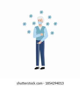 An elderly man has a coronavirus. An old man against a background of viruses. Vector flat character.