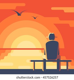 Elderly man in a hat on the bench. Seascape sunset. Landscape with red sky, the sun reflected in the ocean. Concept vector illustration