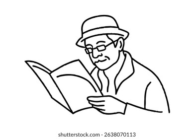 Elderly man in hat reading a book line drawing