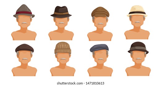 Elderly man hat set. Collection of men's head.  Userpics of hair style different male. Variety and different types of fashion. Vector illustration.