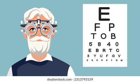 
Elderly Man Having an Eye Consultation at the Optometrist Vector Cartoon. Elderly person having poor vision problems in eye test examination
