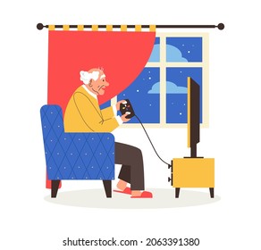 Elderly man having fun at home playing games on video console, flat vector illustration isolated on white background. Retired age senior man using computer technology.