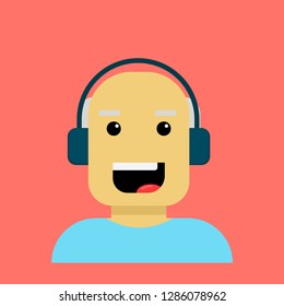 Elderly man having fun and listening music in headphones. Modern style cartoon character isolated on coral color.