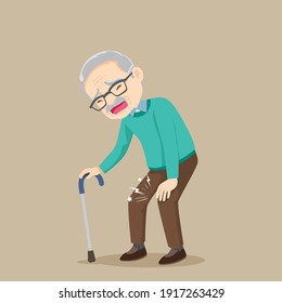 Elderly man having a knee pain and standing with a walking cane.Grandfather with knee pain