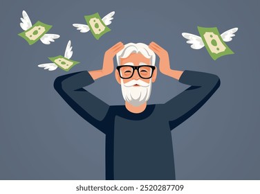 
Elderly Man Having Money Problems Vector Cartoon Illustration. Pensioner being broke and in debt after hyperinflation 
