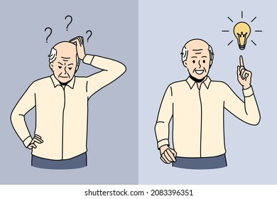 Elderly man having mood swings suffer from Alzheimer disease. Old grey-haired grandfather struggle with mental illness, memory loss in maturity. Elder healthcare concept. Vector illustration.