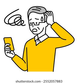 Elderly man having trouble operating a smartphone