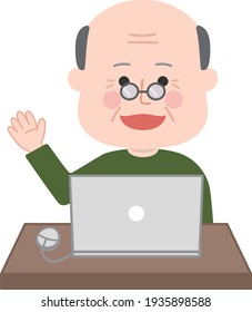 Elderly man having a video call on laptop. Vector illustration isolated on white background.