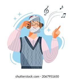 Elderly man with headphones listening music vector illustration. Cartoon happy old male character with beard and glasses dancing, senior grandfather hipster listens music with fun isolated on white