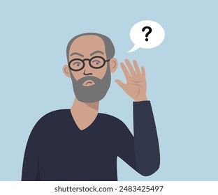 Elderly man with hearing loss, trying to listen.