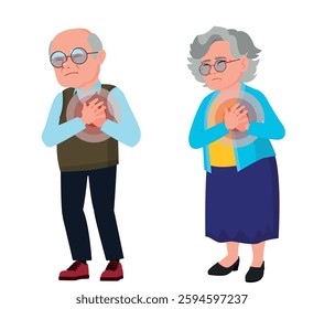 Elderly man heart attack. Heart disease in a grandfather and a grandmother. Heart disease in an old person 