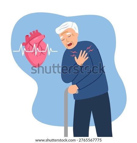 Elderly man with heart attack symptom in flat design. Heart disease concept.