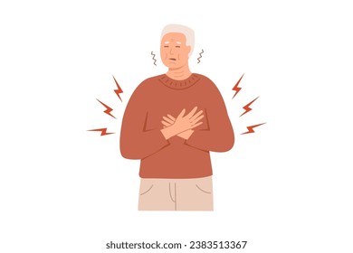 Hombre mayor con síntomas de ataque al corazón. Una persona con las manos en el pecho experimentando una angustia cardíaca. Paciente médico con infarto cerebral. Ilustración vectorial aislada en fondo blanco.