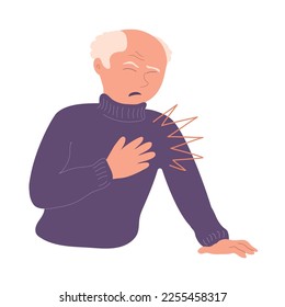 Hombre mayor con dolor de corazón. Ataque agudo de infarto de miocardio o angina de pecho. Enfermedad cardíaca. Ilustración vectorial plana aislada en fondo blanco