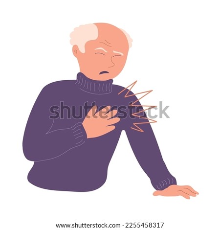 Elderly man with heart pain. Acute attack of myocardial infarction or angina pectoris. Heart disease. Flat vector illustration isolated on white background