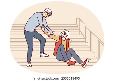 Elderly man helps fallen old woman up while descending street staircase. Gray-haired caring grandfather provides first aid to grandmother who has fallen on walk and descending stairs