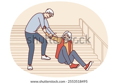 Elderly man helps fallen old woman up while descending street staircase. Gray-haired caring grandfather provides first aid to grandmother who has fallen on walk and descending stairs