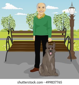 elderly man and his dog in park in summer