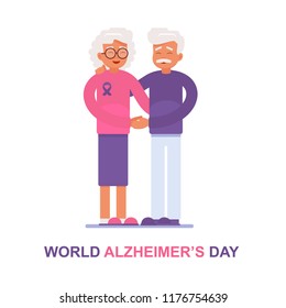 An elderly man and his wife with Alzheimer's disease support each other. Vector illustration of the World Alzheimer's Day