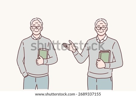 Elderly Man Holding Book Posing Two Scenes Hand drawn style vector design illustrations.