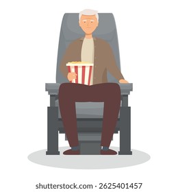 Elderly man is holding a bucket of popcorn while sitting in a cinema seat