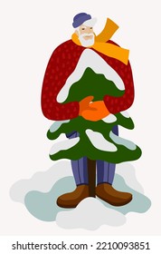 Elderly man holding Christmas tree. Vector illustration. Yappy New Year.