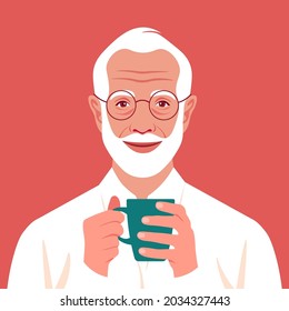 An elderly man is holding a cup of coffee or tea in his hands. Breakfast at home and office. A happy freelancer. Vector flat illustration