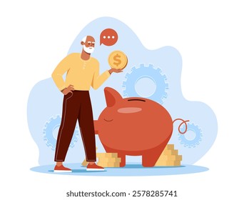 Elderly man holding a gold coin near a red piggy bank, surrounded by stacked coins and gear icons on a light blue background. Financial savings concept. Vector illustration