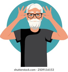 
Elderly Man Holding His New Pair of Glasses Vector Cartoon, Cool modern grandpa trying on eyeglasses at a showroom
