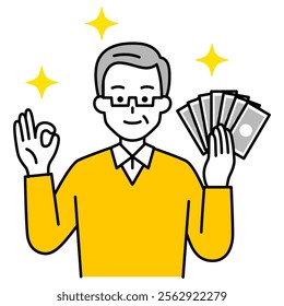 elderly man holding money and making an OK sign