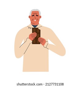 An elderly man holds a bar of chocolate in his hands. Vector illustration in flat style