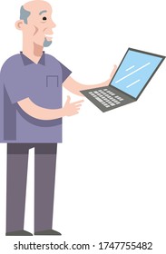 An elderly man holds a computer in his hands. Senior citizen studies computer isolated on white background. Flat infographics. Vector illustration