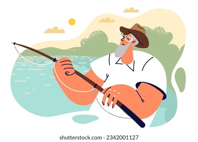 Elderly man holds fishing rod and catches fish sitting in boat or on sea pier in picturesque place. Positive retired pensioner fishing enjoying favorite hobby to get rid of bad thoughts