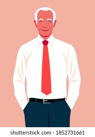 An elderly man holds his hands in his pants pockets. A happy self confident businessman. An experienced politician smiles. Vector flat illustration