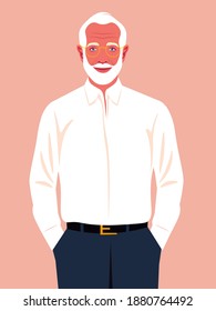 An elderly man holds his hands in his pants pockets. A happy businessman. A successful politician smiles. Vector flat illustration