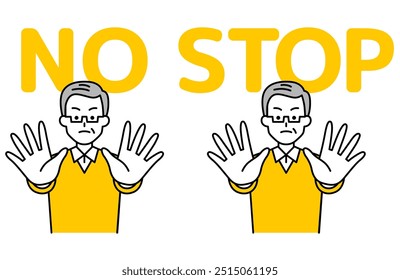 Elderly man holds his hands out in front of him and says NO and STOP