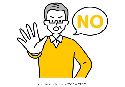 Elderly man holds out his right hand and says NO